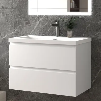 Produktbild von 80 cm Badmöbel-Set Unterschrank mit Rechteckiges Waschbecken 2 Schubladen soft-close Weiß Matt Selbstmontierter
