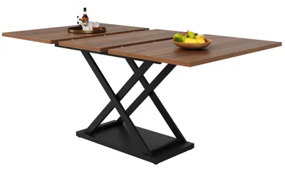 Image de Table à manger extensible, imitation noyer, avec structure en fer noir, dimensions 120-160 x 80 cm, design industriel
