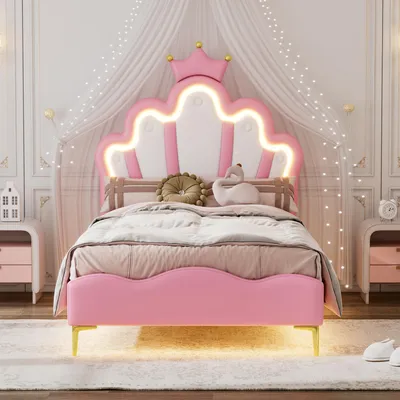 Obrázek produktu pro 90 x 200 cm Ploché dvoulůžko, postel pro princezny ve tvaru koruny, nastavitelný LED světelný pás, růžová barva