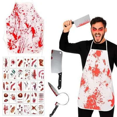 Zdjęcie produktu dla Kostium rzeźnika krwawy fartuch nóż opaska tatuaże zombie