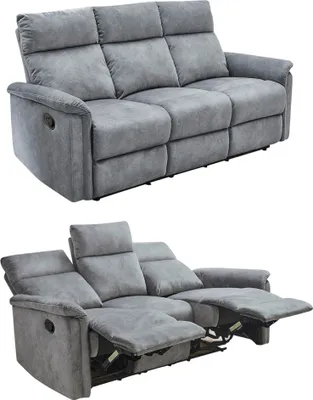 Produktbild von 3-Sitzer-Relaxsofa Couch Liegefunktion Federkernpolsterung Velours Vintage Grau / 15128