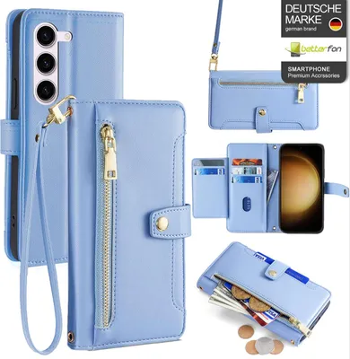 Produktbild von Handykette Samsung Hülle mit Band Handyhülle Kartenfächer Kunstleder Umhängetasche Galaxy S24+ Hellblau