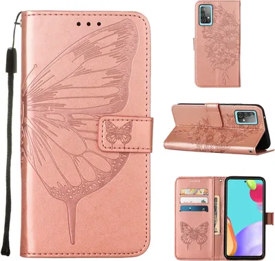Produktbild von Galaxy A52 4G Hülle, Schmetterling Prägung Flip Leder Kartenfächer Schutzhülle Ledertasche mit Ständer für Samsung Galaxy A52 4G / 5G / A52S 5G Roségold