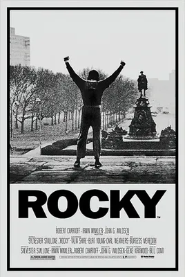 A black and white movie poster for Rocky, featuring Sylvester Stallone as Rocky Balboa with his arms raised in triumph in front of a statue.