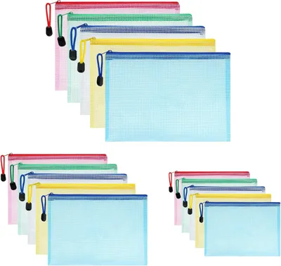 Produktbild von Dokumententasche A6, 12 Stücke Zip Tasche, bunte wasserdichte Dokumententasche mit Reißverschluss, Mesh Beutel mit Reißverschluss Datei Zipper Tasche Reißverschlusstaschen A4+A5+A6-15 Stück