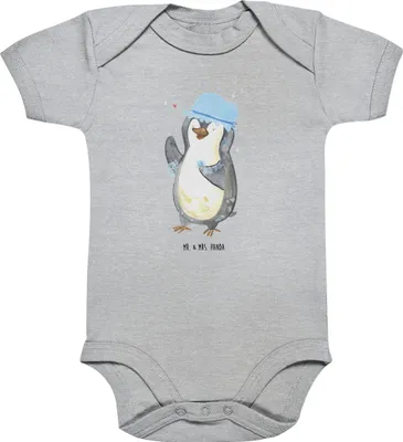 Produktbild von Mr. & Mrs. Panda babykleidung body Pinguin Duschen 12. - 18. Monat - Heather Grey - Geschenk, Dusche, Strampler Baby, overall, Baden, Singen, Duschkonzert, Kurzarmbody