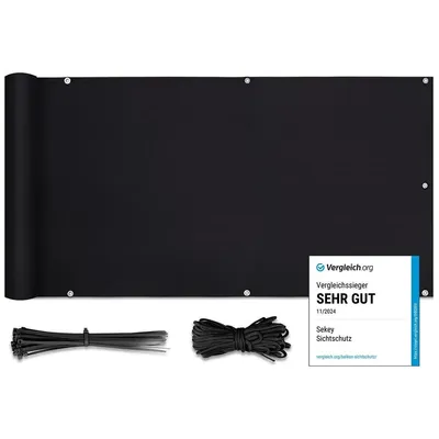 A black privacy screen is laid out flat with accessories and a certification badge.