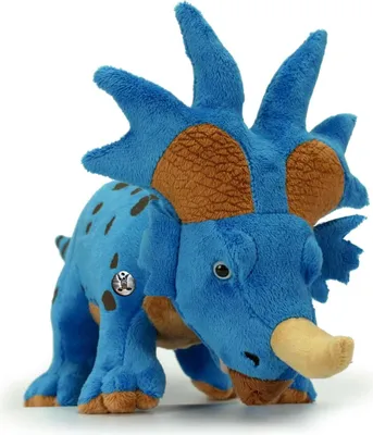 A blue plush toy dinosaur with brown spots and accents, standing on a white background.