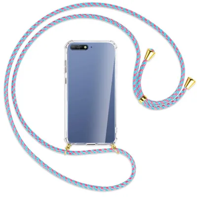 Produktbild von Handykette Backcover-Schutzhülle mit Band (Metall goldfarben) für Huawei Y6 2018 - pink/mint