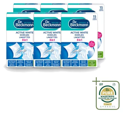 Productafbeelding van 6 x Dr. Beckmann Active White wasmiddelstrips tegen grijze waas - Voorraadverpakking - 6 stuks
