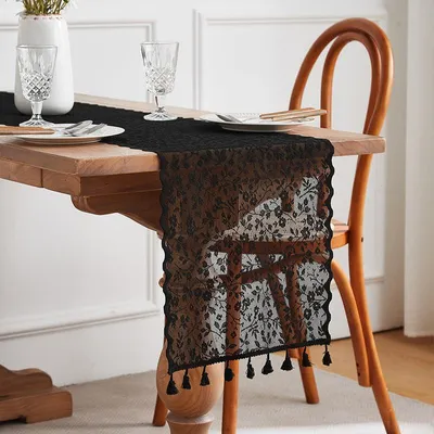 Produktbild von Spitze Tischläufer - Handgewebte Makramee-Stickerei mit Quasten - Boho Tischdekoration - 30 x 180 cm Schwarz