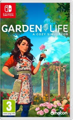 The image is the cover art for the Nintendo Switch game 'Garden Life: A Cozy Simulator'. It features an illustration of a woman holding a rose in a garden setting with a pergola and flowers.