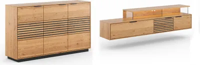 Produktbild von Wohnwand Tirano Wohnzimmer-Set Massivholz geölt Ausführung wählbar,Kommode, Lowboard,Eiche Natur / Absetzung Lamellen