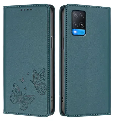 Image de Étui en cuir pour Oppo A54 4G/A54S/A55 5G/A16/A16S/A55s 5G/A53s 5G/A56 5G, motif papillon en relief, étui portefeuille à rabat avec support, vert