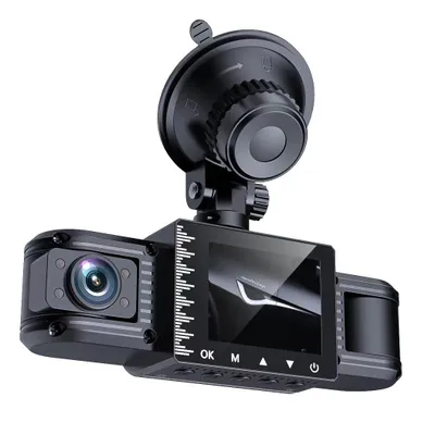 Imagen del producto de Cámara de tablero con tres lentes, pantalla de 2 pulgadas, visión nocturna HD, para automóvil
