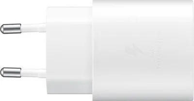 A white Samsung fast charging adapter with two prongs.