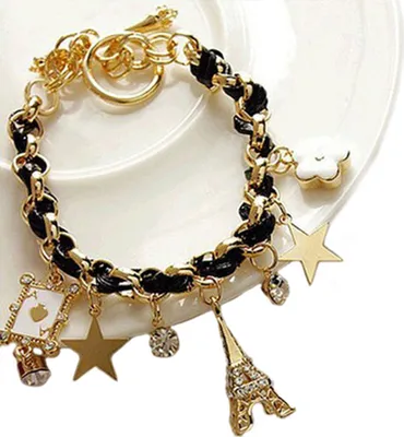 Produktbild von Frauen Mode Eiffelturm Sterne Blume Poker Anhänger Kunstleder Armband Schmuck-Schwarz