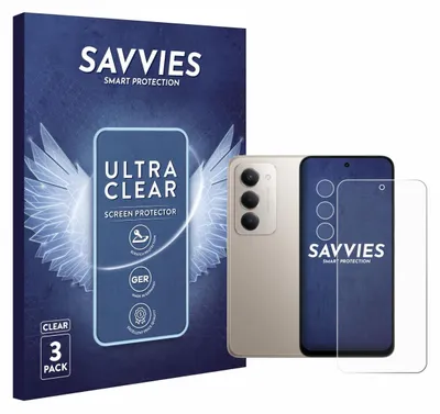 A product shot of a phone screen protector packaging, a smartphone, and a screen protector.