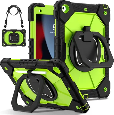 Obrázek produktu pro Pouzdro pro iPad 9th Gen/ 8th Gen/ 7th Gen, iPad 10,2" 2021/2020/2019, odolné přenosné ochranné pouzdro se stojánkem, ručním popruhem a ramenním popruhem černé zelené