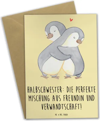 Produktbild von Mr. & Mrs. Panda Grußkarte Halbschwester Glück - Gelb Pastell - Geschenk, Freundin, einzigartige Designs, osterkarte, weihnachtskarten, Geschwisterbeziehung, Bindung