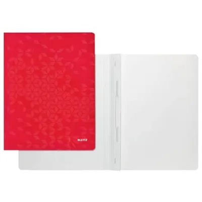 A red folder with a geometric pattern is shown open, revealing white interior pages.
