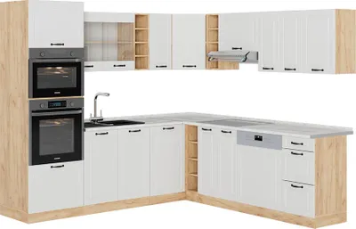 Zdjęcie produktu dla Kuchnia narożna Vicco R-Line Biały rustykalny/Dąb goldkraft 247 x 237 cm, BP Marmur, Model 53471