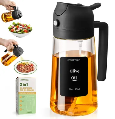 2-in-1 Öldispenser und Ölsprüher, 470 ml, Glas, Schwarz