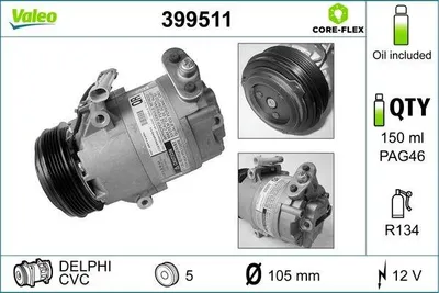 Produktbild von VALEO 399511 CVC Klimaanlage Klimakompressor PAG 46 R134a für OPEL Corsa D Schrägheck (S07) Astra G CC (T98) Zafira A (T98) Astra G Caravan (T98)