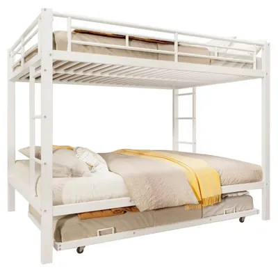 Productafbeelding van Kinderekkerbed - Metalen frame met uitschuifbaar gastenbed - Hoge veiligheidsreling - Stabiele constructie - 140 x 200 cm - Wit - Zonder matras
