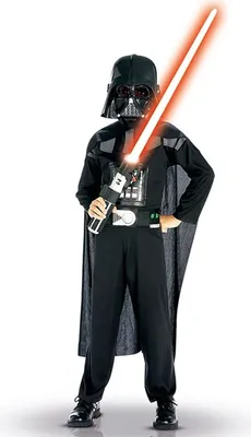A child dressed as Darth Vader from Star Wars, holding a red lightsaber.