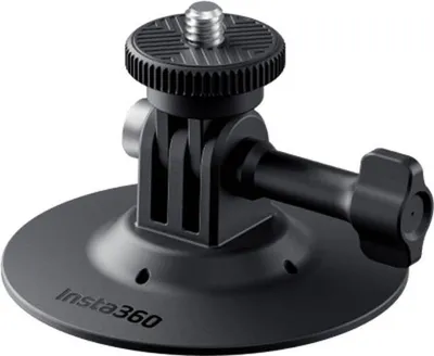A black Insta360 camera mount with a suction cup base and a standard tripod screw mount.