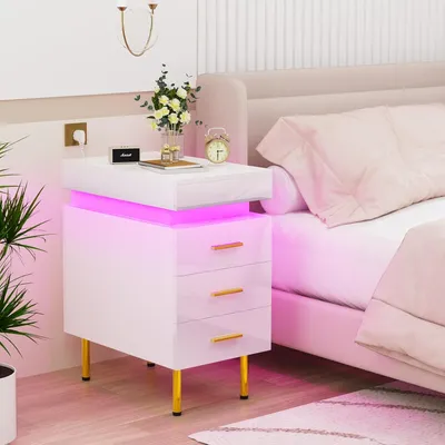 Produktbild von LED Nachttisch mit Steckdose,Schmal Nachtschrank 35cm Breit,Weiß Hochglanz Kommode mit Schubladen Beistelltisch Sofatisch für Schlafzimmer 35x55x60cm