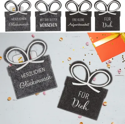 Produktbild von Geldgeschenke 4er Set Filz dunkelgrau Gutscheinkarten Verpackung Gastgeschenk Geschenk Schleife