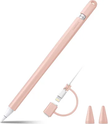 Produktbild von Fintie Silikon Hülle Kompatibel mit Apple Pencil (1. Generation) - Ultra leichte Stifttasche, weiche schützende Griffhalterung mit 2 Spitzenabdeckung und 1 Cable Adapter Tether, Rosa
