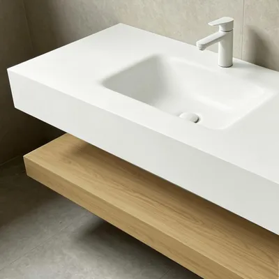 Produktbild von Waschbecken Set – Sinterstein -Waschbecken, LED-Spiegel mit Anti-Beschlag, wandhängend, mit Stauraumregal 120×55 cm 【RWC458】