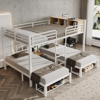 Produktbild von Flieks Etagenbett 90x200cm/140x200cm für 3 Kinder, Kinderbett Hochbett mit offenen Staufächern, Jugendbett Metallbett mit Schuhschrank, Weiß