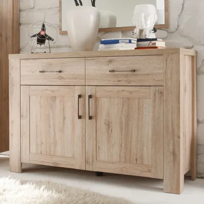 Produktbild von Sideboard >Lupo< mit 2 Türen & 2 Schubkästen, Holzwerkstoff in Sanremo hell Nachbildung, Maße B/H/T 127/89/42 cm, verstellbare Einlegeböden, modern & funktional – Germany