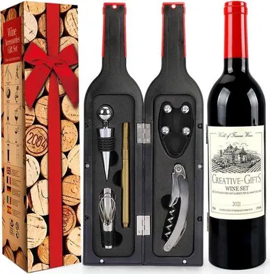 Produktbild von Wijnfles geöffneter Kurkentrekker Set, Wijnöffner, Wijnbegleiter Set mit Flesöffner, Wijnverschlüsse, Wijnzubehör, Geschenkset (schwarz 01)