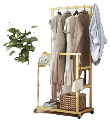 Image de Porte-vêtements, en bambou, dimensions 80 x 40 x 160 cm, mobile grâce à ses roulettes, rangement polyvalent, montage facile
