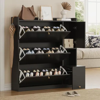 Produktbild von Moderner Schuhschrank mit goldenen Griffen, Vielseitiger Kipp-Schuhschrank mit 3 Klappschubladen, Freistehendes Schuhregal mit herunterklappbarer Sitzbank für den Flur,– Maße: 119*24*122, Schwarz