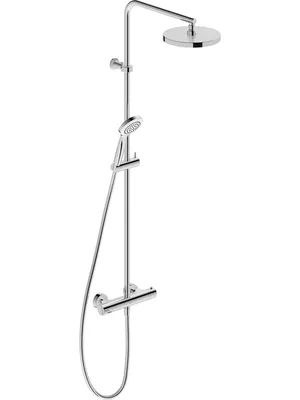 A chrome shower system with a rain shower head and a handheld shower head, mounted on a white background.