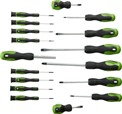 Produktbild von Relaxdays Schraubendreher Set XXL, 37-teiliges Werkzeug Set, Kreuz & Schlitz, inkl. Bits, Wandhalterung, schwarz/grün