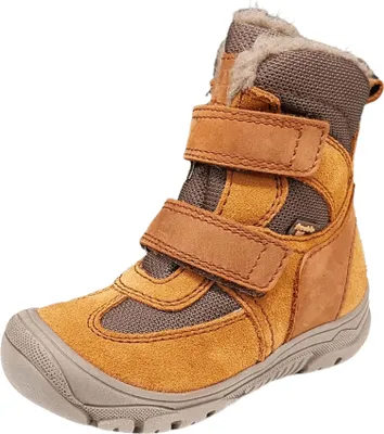 A single brown winter boot for boys with two velcro straps.