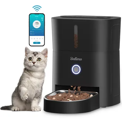 Produktbild von Balimo Automatischer Futterautomat Schwarz, Katze und Hund, Futterautomat mit mit App, WiFi, Futterautomat für Hunde, Katzenfutterspender, 3L