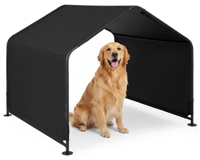 Produktbild von COSTWAY Hundehütte Outdoor, Hundezelt mit Regenvordach & Bodenpfählen, Haustierzelt wasserabweisend, Metallrahmen 129 x 124 x 108 cm, Schwarz