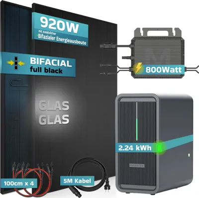 Produktbild von SUNNIVA® 920W Balkonkraftwerk mit 2,24 kWh Speicher Marstek B2500-D, 2x 460W BIFAZIAL FULLBLACK komplett Steckdose, PV Solaranlage + Solarspeicher
