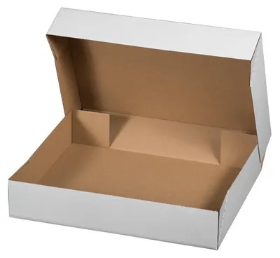 An open white cardboard box with brown interior, shown from a slightly elevated angle.