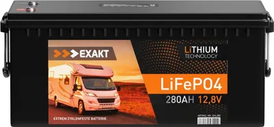 Produktbild von Exakt LiFePO4 Akku 12V 280Ah 3778Wh für Solaranlagen, Wohnmobil & USV, 520x220x240mm (LxBxH), 12 Jahre Lebensdauer, Wartungsfrei, Rüttelfest, integriertes BMS, schnellladefähig (1C), Max. Ladestrom 160A, Max. Ladeschlussspannung 14,6V, 1:1 Blei-Säure Ersatz, A+ Zellen, Pluspol Links