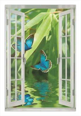 Produktbild von Wallario Wandbild mit Fenster-Illusion: Schmetterlinge in Reflektion, Größe: 61 x 91,5 cm, Poster mit rahmenlosen Bildhalter