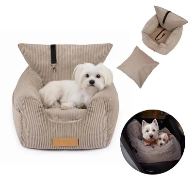 Image de Siège auto pour chien avec laisse – panier de transport et lit de voiture pour petit chien beige